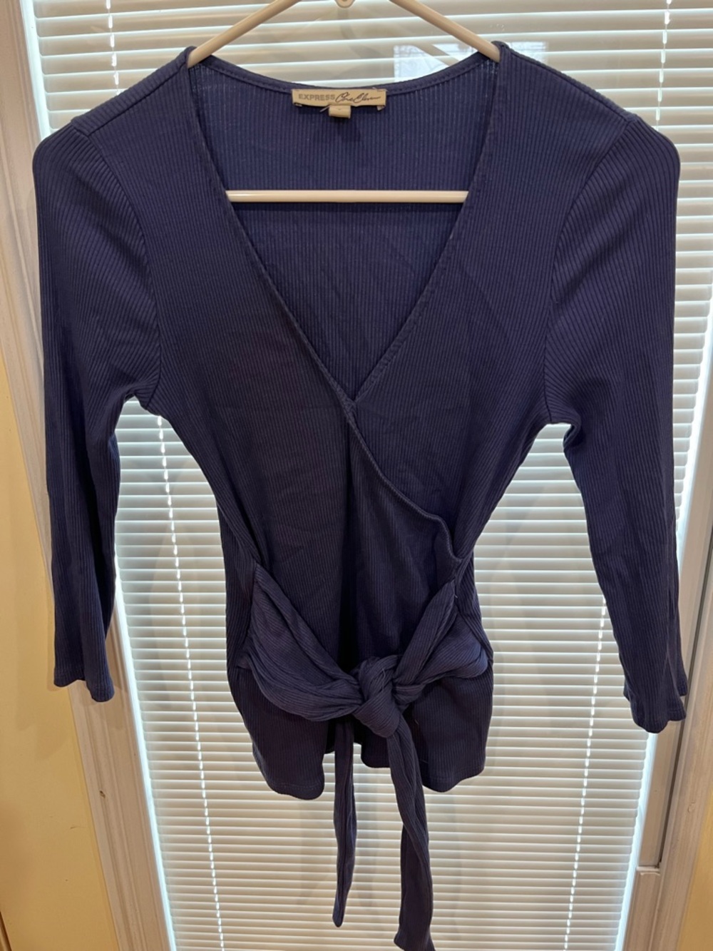 Express Navy Ribbed Wrap Tie-Front Tunic Top